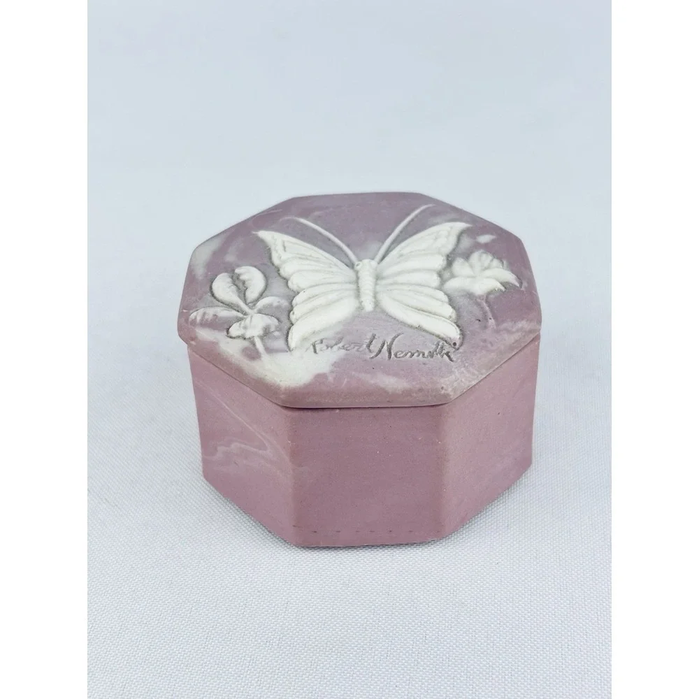 Vtg Trinket Box Pink Incolay Soapstone Design Gifts USA Cottagecore Grannycore